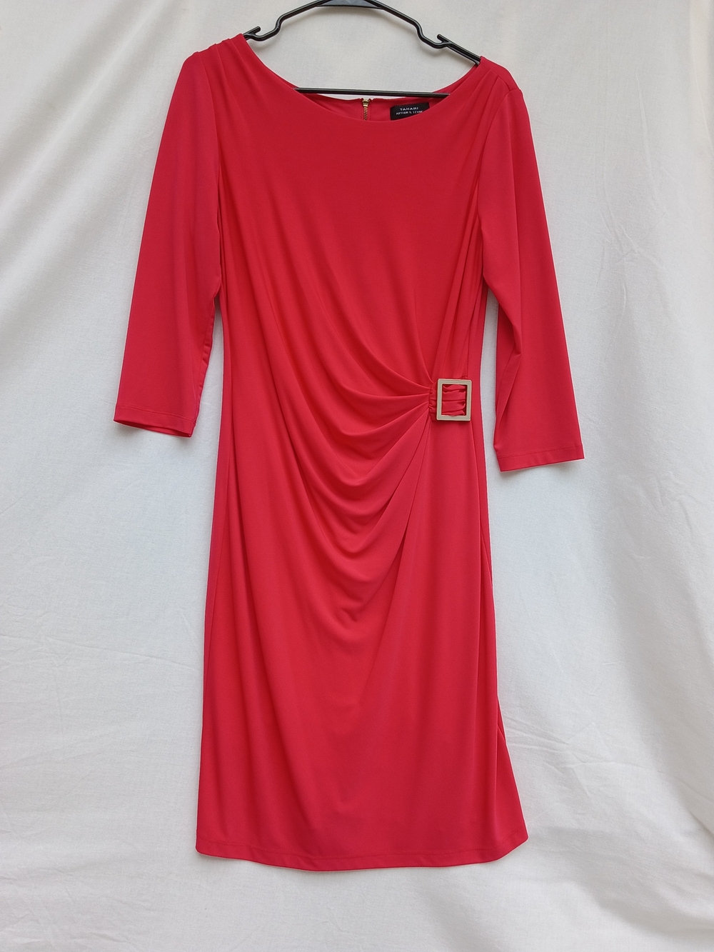 Tahari Ruched Sheath Midi Dress with Side Buckle in Red